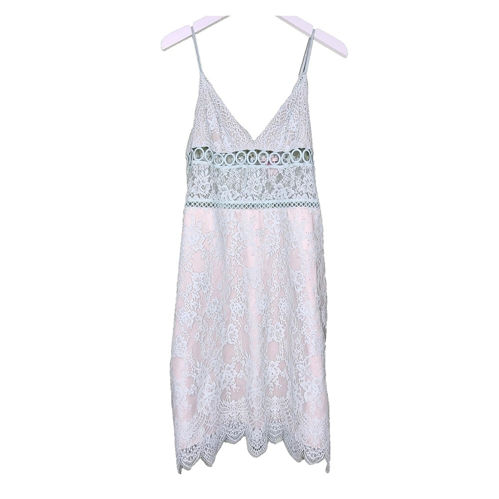 Victoria's Secret Light Blue Lace Slip Dress Floral Mini Scalloped Hem‎ Small